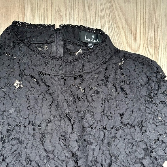 Lulus Black Lace Mini Dress Short Sleeves High Neck - Picture 2 of 6